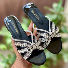 AQUAZZURA EMBROIDERED RHINESTONE FLAT SANDALS - BLACK