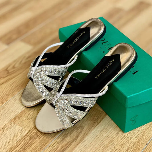 AQUAZURA EMBROIDERED RHINESTONE FLAT SANDALS - GOLDEN