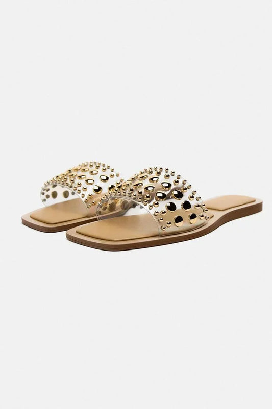 VINYL SLIDER SANDALS WITH STUDS - GOLDEN
