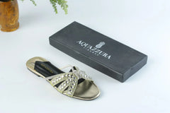 AQUAZZURA EMBROIDERED RHINESTONE FLAT SANDALS - GOLDEN