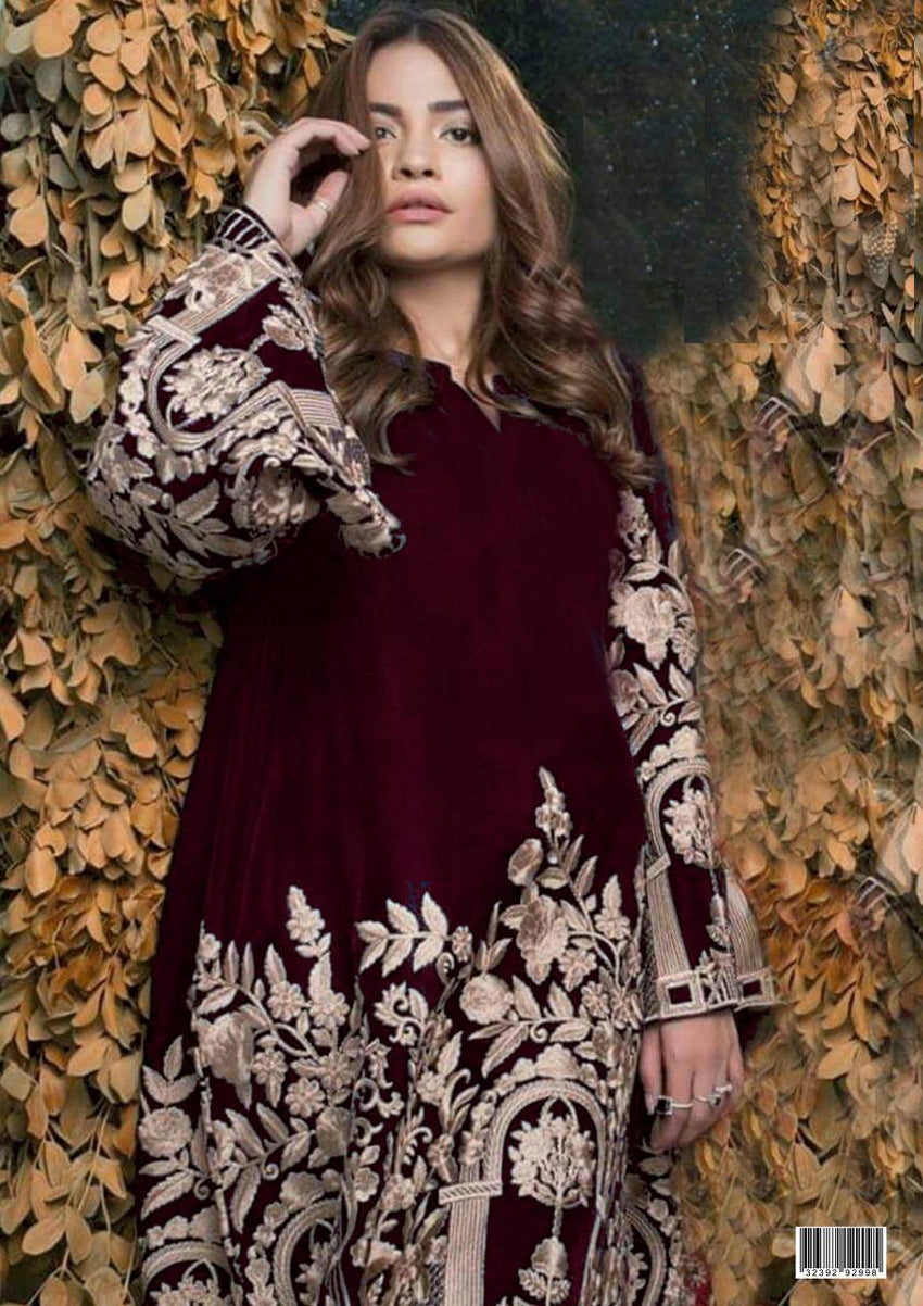 Agha Noor 01B – 3 Piece Embroidered Velvet Dress with Net Dupatta