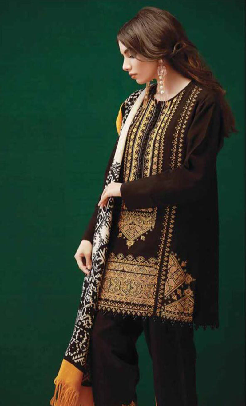 Khaadi 02 - 3 Piece Embroidered Khaddar Dress with Shawl