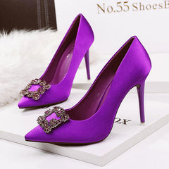 High Quality Imported High Heels with Suede Square Rhinestone Buckle