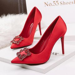 High Quality Imported High Heels with Suede Square Rhinestone Buckle