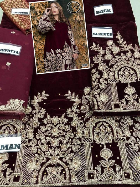 Agha Noor 01B – 3 Piece Embroidered Velvet Dress with Net Dupatta